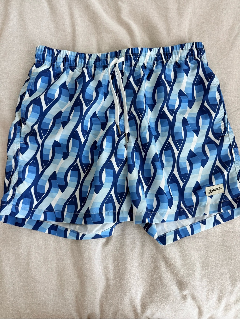 Men's Blue Wave-Pattern Swim Trunks with Drawstring